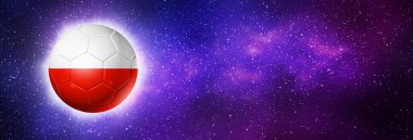 Polonya takımının bayraklı 3D futbol topu. Uzay arkaplanı. Futbol 2022. Görüntü, afiş