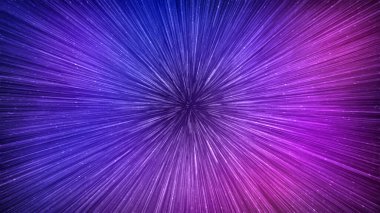 Gece yıldızlı gökyüzünde hiperuzay hız etkisi. Parlak mor mavi galaksi, yatay arkaplan. 3d illüstrasyon