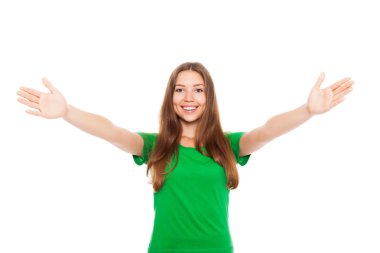 Smile teenage excited girl raised up palms arms hands at you clipart
