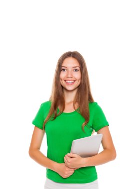 mujer sosteniendo pantalla tablet PC táctil