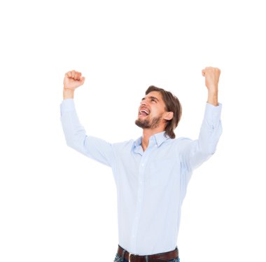 iş adamı gülümseme tutun yumruk ok Evet jest