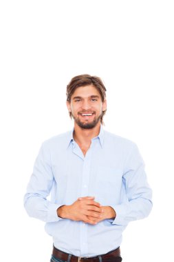 succesvolle opgewonden business man gelukkig glimlach houden handen armen
