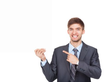 Boş beyaz kartını tutan işadamı