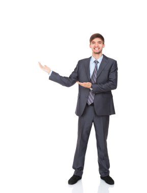 yakışıklı genç iş adamı tutun açık Palm'a boş kopya alanı