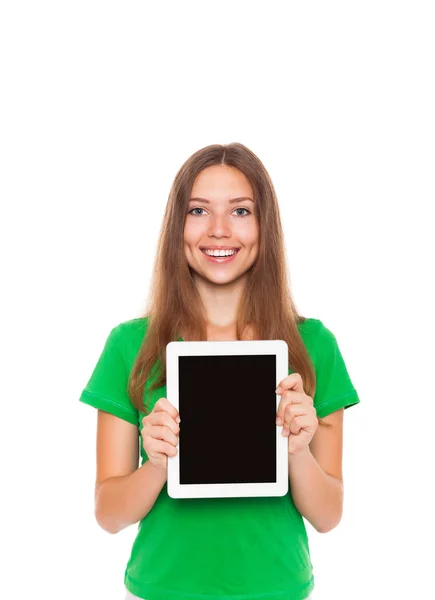 Happy smiling woman holding tablet pad computer — Stock Photo, Image