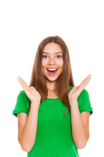 Sorprendido emocionado sonrisa mujer cogida de la mano — Foto de Stock