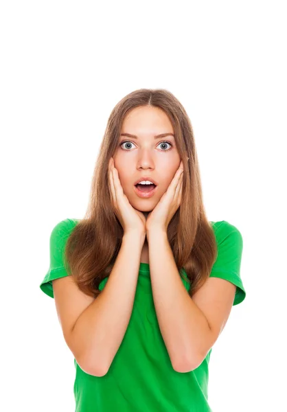 Woman cover mouth, surprised scared — Stock Photo, Image