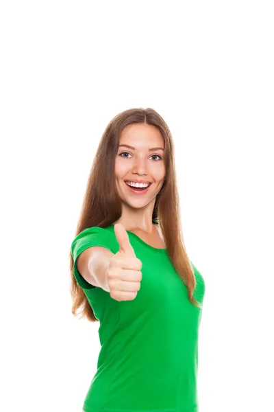 Eccitato donna felice sorriso spettacolo pollice verso l'alto gesto a voi — Foto Stock