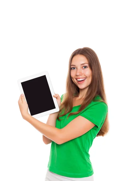 Felice donna sorridente che tiene tablet pad computer — Foto Stock