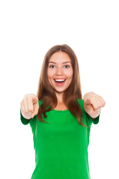 Ziemlich aufgeregte Frau glückliches Lächeln zeigt mit dem Finger auf dich — Stockfoto