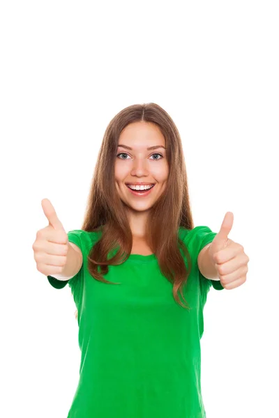 Eccitato donna felice sorriso spettacolo pollice verso l'alto gesto a voi — Foto Stock