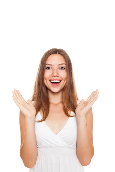 Surprised excited smile woman hold hands — Stock Photo, Image