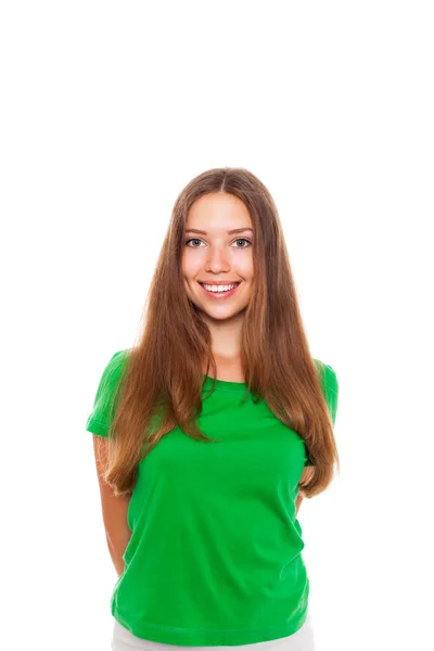 Chica sonrisa feliz, atractiva mujer excitada joven usar camisa verde —  Fotos de Stock