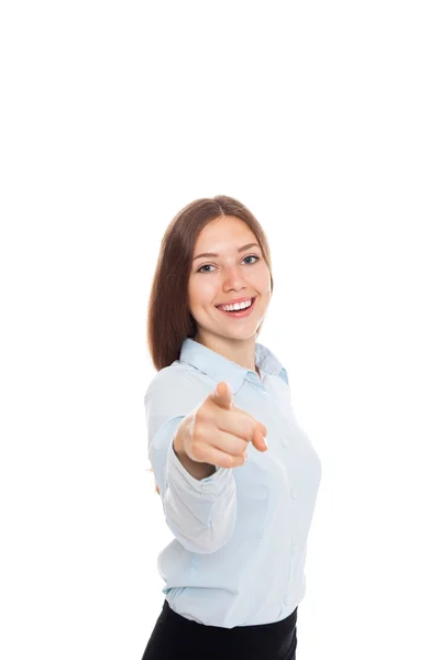 Business woman point finger at you looking at camera — Stock Photo, Image