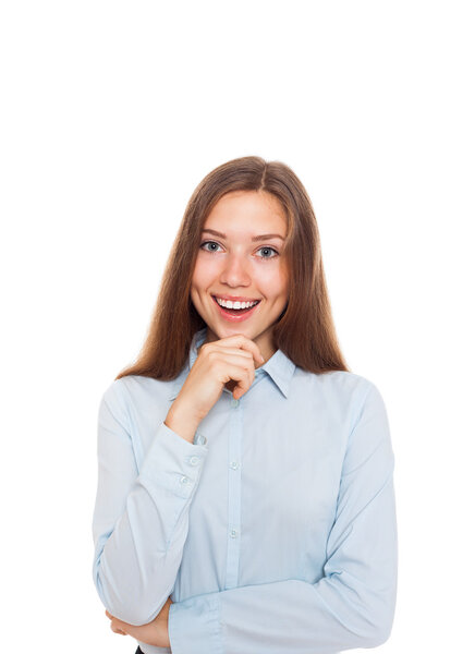 Surprised excited smile business woman hold hand chin