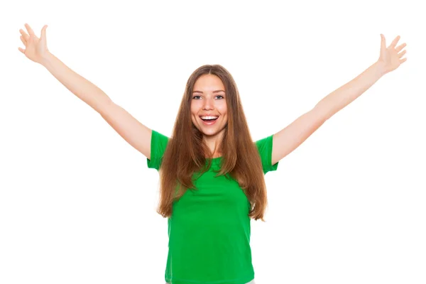 Excited girl raised up palms arms hands — Stock Photo, Image