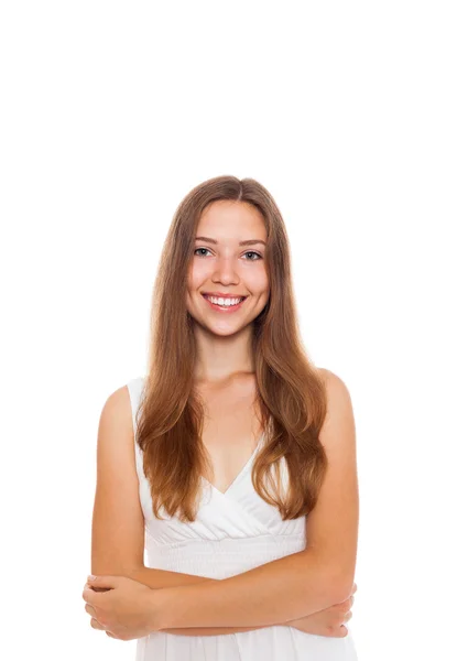 Woman in white shirt with crossed arms — Stock Photo, Image