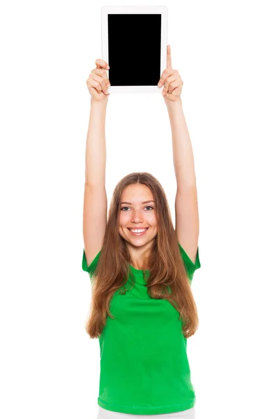 Pretty excited woman holding tablet pad computer — Stock Photo, Image