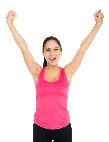 Sport fitness woman holds raised arms — Stock Photo, Image