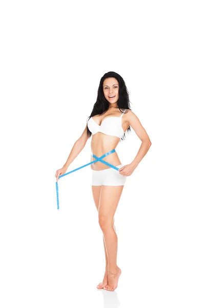 Mulher cintura de medição com fita métrica — Fotografia de Stock