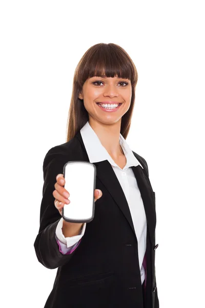 Woman Showing display of her new touch mobile cell phone — Stock Photo, Image