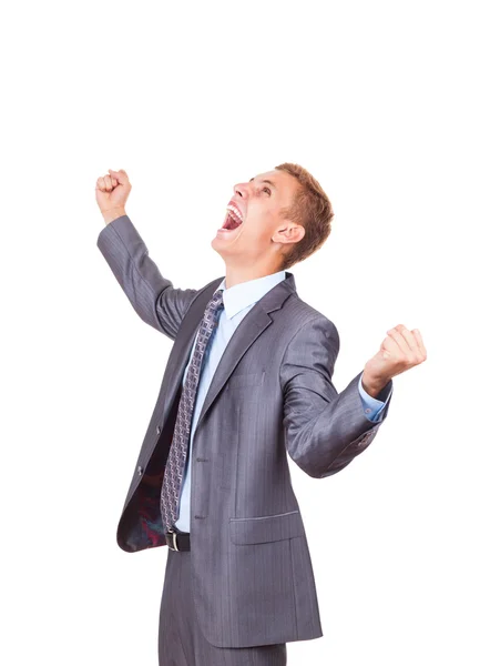 Furious angry mad business man screaming looking up hold fist hand — Stock Photo, Image