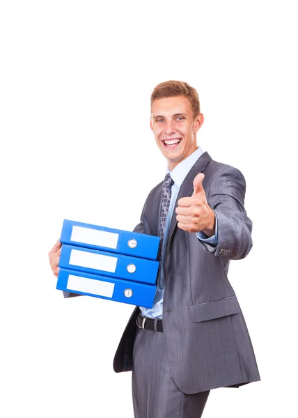 Guapo joven hombre de negocios feliz sonrisa de la mano con el pulgar hacia arriba gesto — Foto de Stock