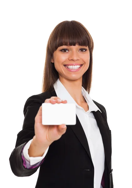 Business woman handing a blank business card — Stock Photo, Image