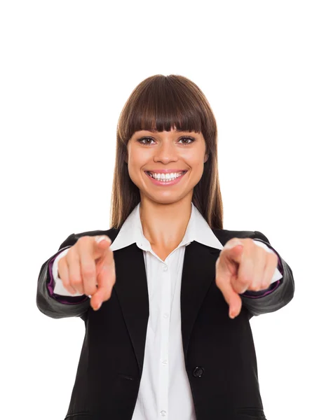 Happy excited smile woman point finger at you — Stock Photo, Image