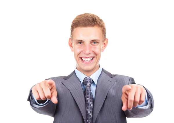 Handsome excited young business man point finger at you — Stock Photo, Image