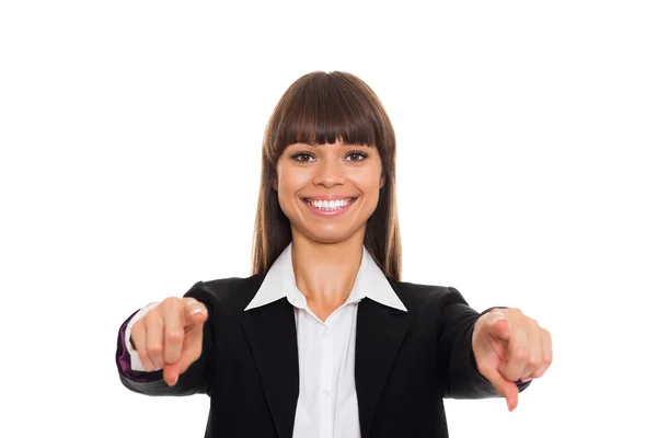 Gelukkig business woman wijzend op de camera — Stockfoto