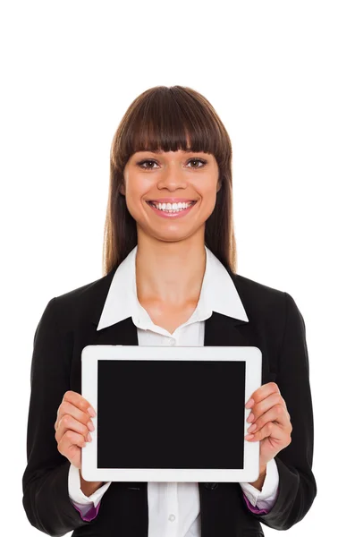 Mulher de negócios segurando um computador tablet — Fotografia de Stock