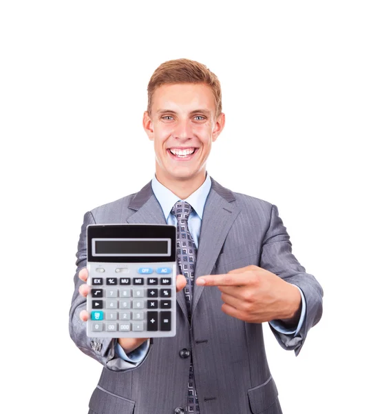 Biznesmen trzymać Pokaż kalkulator punkt palcem na to — Zdjęcie stockowe