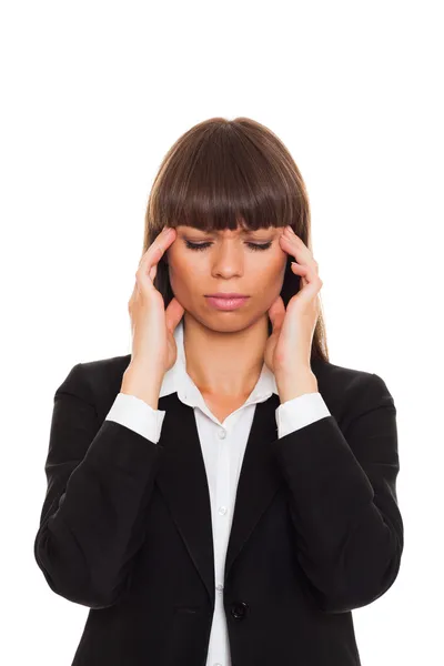 Przygnębiony biznes kobieta trzymać się za ręce na głowę — Zdjęcie stockowe
