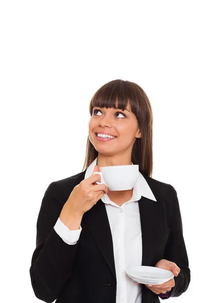 Szczęśliwy uśmiech biznes kobieta trzymać filiżankę kawy — Zdjęcie stockowe