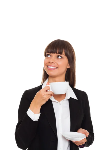 Happy sourire femme d'affaires tenir tasse de café — Photo