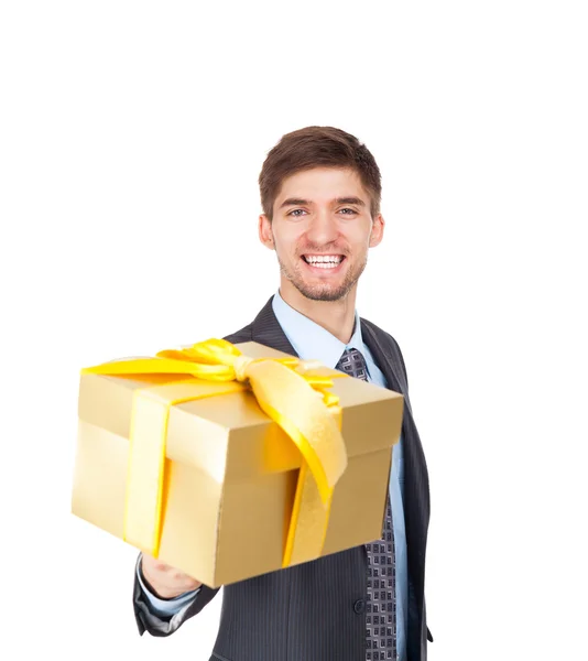 Pohledný mladý obchodní muž šťastný úsměv bodu prst do prázdné kopie prostoru — Stock fotografie