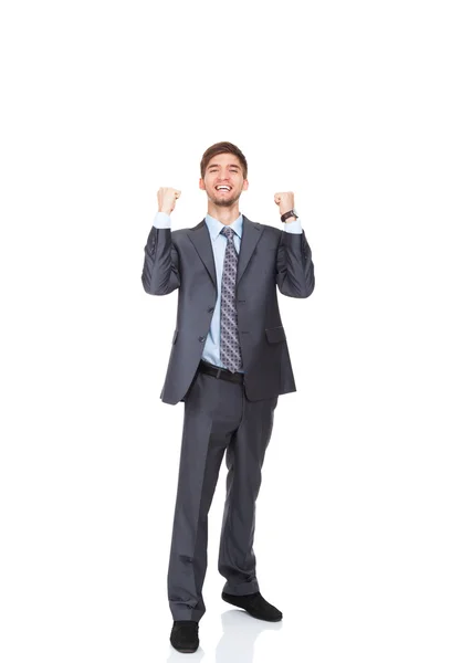 Bem sucedido animado homem de negócios feliz sorriso segurar gesto punho — Fotografia de Stock