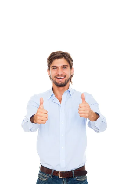 Guapo joven hombre de negocios de la mano con el pulgar hacia arriba gesto — Foto de Stock