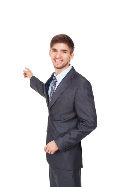 Handsome young business man hold open palm — Stock Photo, Image
