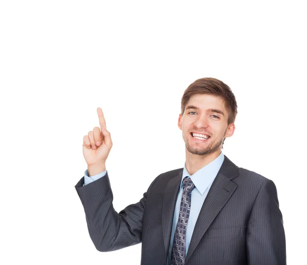 Joven hombre de negocios feliz sonrisa dedo dedo vacío espacio de copia —  Fotos de Stock