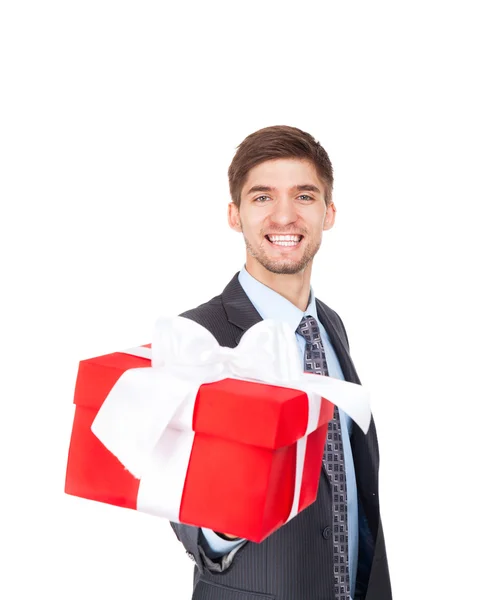 Empresario emocionado sonrisa feliz celebrar caja de regalo en la mano — Foto de Stock