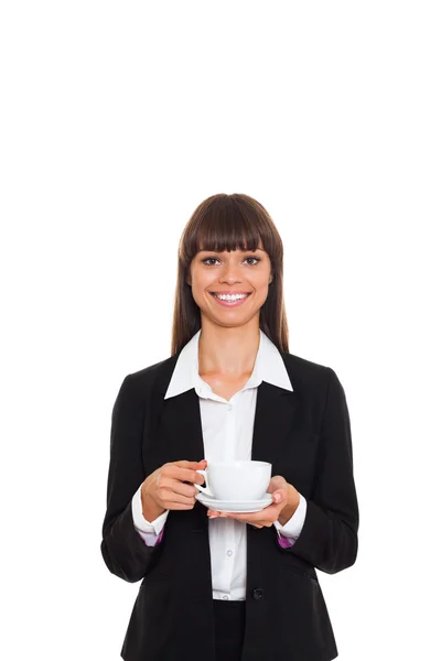 Šťastný úsměv podnikání žena drží šálek kávy — Stock fotografie