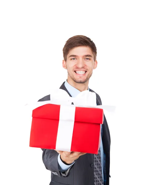 Empresário animado sorriso feliz segurar caixa de presente na mão — Fotografia de Stock