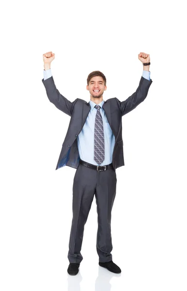 Exitoso hombre de negocios emocionado sonrisa feliz mantener el puño gesto — Foto de Stock