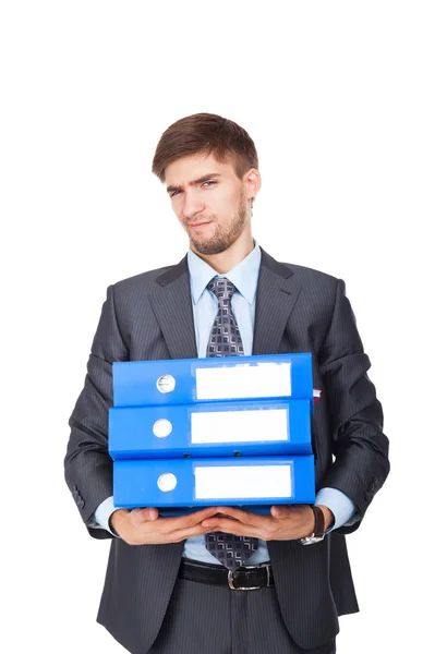 Businessman with stack blue folder upset — Stock Photo, Image