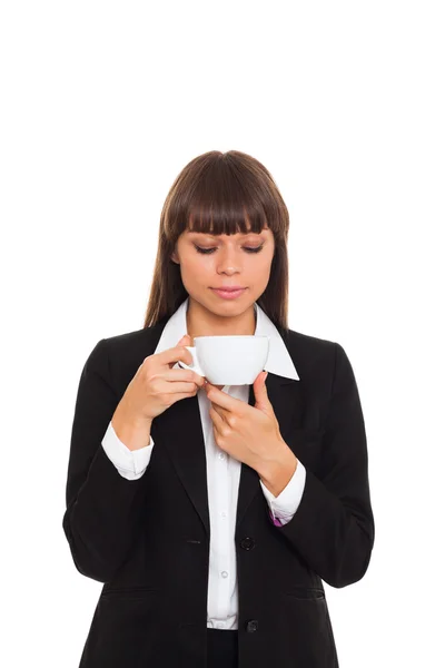Happy smile business woman hold cup of coffee — Stock Photo, Image