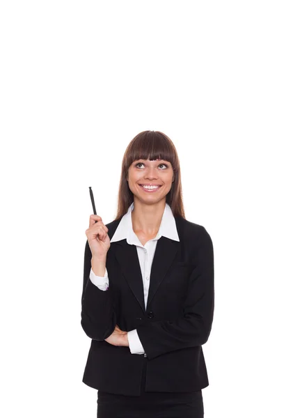 Mujer de negocios sonriente de pie pensar mirando hacia arriba —  Fotos de Stock