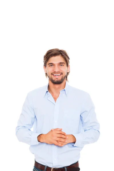 Bem sucedido animado homem de negócios feliz sorriso segurar os braços — Fotografia de Stock