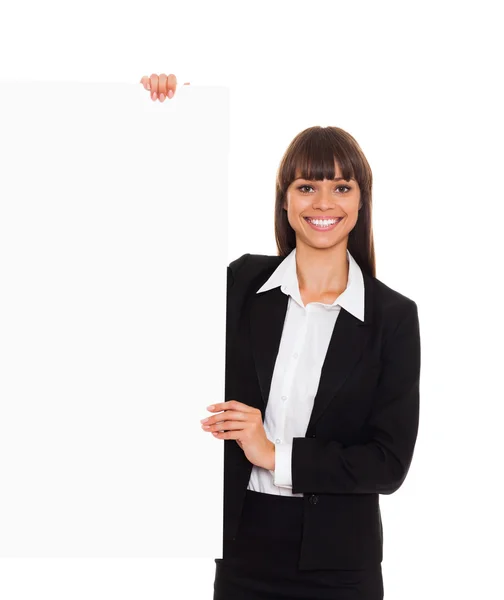 Portrait of smiling business woman hold blank board — Stock Photo, Image